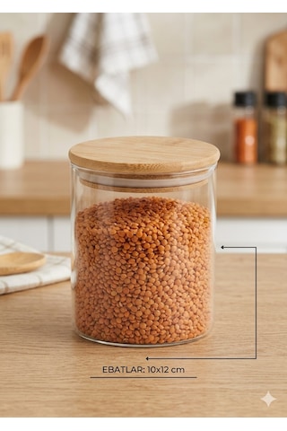 6 Lı Set Uyumlu Bambu Kapaklı Cam Erzak Saklama Kabı 10x12 Cm - Vakumlu Kapak Şeffaf