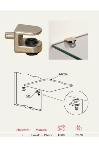 Gürcay Sıkıştırmalı Cam Raf Pimi 5Mm Pimli 8 Adet Gri