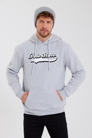 Polostate Erkek 3 İplik Pamuklu İçi Polarlı Baskılı Regular Fit Kapüşonlu Kanguru Cepli Gri Sweatshirt Gri