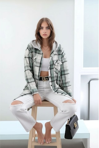 Mamayaga Kadın Desen Bloklu Oduncu Oversize Geniş Kalıp Casual Cepli Kapüşonlu Uzun Boy Ceket Gömlek Beyaz - Yeşil
