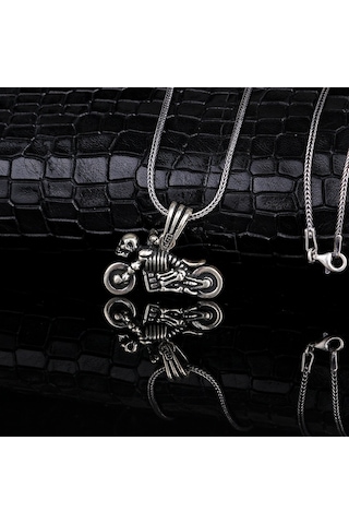 925 Ayar Gümüş Kuru Kafa Motorsiklet Motifli Kolye