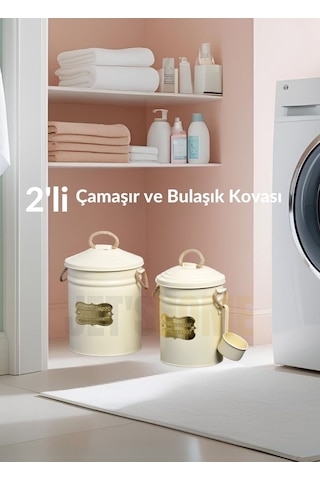 2'li Set Deterjan Kovası Çamaşır Bulaşık Kutusu Ölçekli Galvaniz Metal Beyaz Beyaz