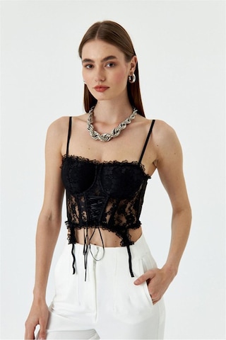 Fashion Cocktail Ön Korseli Askılı Göğüs Pedli Dekoratif Saçaklı Dantelli Gece Krop Büstiyer Siyah