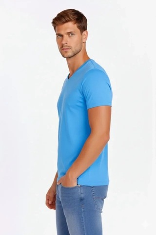 Butik İstanbul Erkek T-shirt V Yaka Slim Fit Dar Kesim Likralı Tişört Günlük Basic Body - Açık Mavi