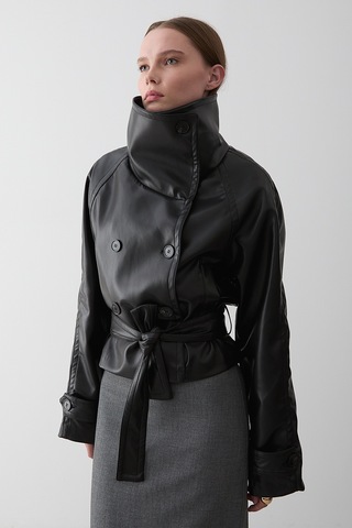 Siyah Düğmeli Kuşaklı Deri Ceket - 509261 Siyah