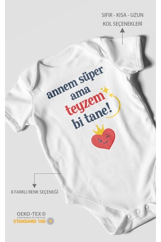 Morivokids Annem Süper Ama Teyzem Bi Tane Kısa Kollu Bebek Body %100 Pamuk Beyaz