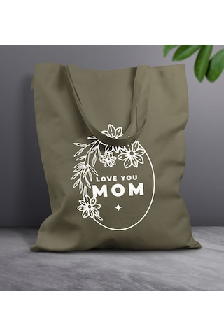 Bk Gift Anneler Günü Tasarımlı Haki Kumaş Bez Çanta, Baskılı Omuz Çantası, Alışveriş Çantası, Anneler Günü Hediyesi, Anneye Hediye-4 Çok Renkli