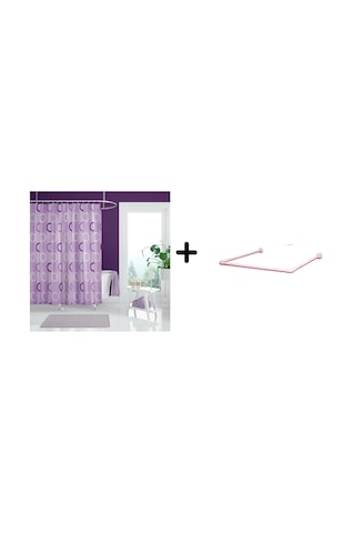 Banyo Perdesi 5033 Lila 1x180x200, Perde Borusu Askı Aparatı Köşe Boru Pembe Hediyeli, Duş Perdesi Seti Lila