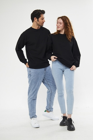 Unisex Siyah Waffle Kumaş Rahat Oversize Basic Sweatshirt Siyah