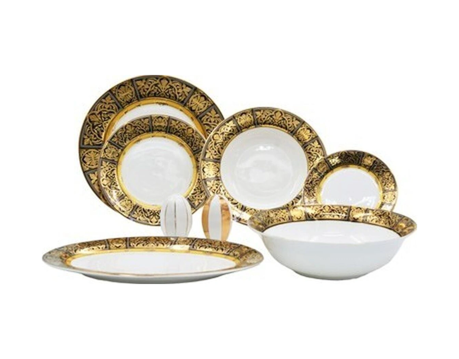 Lucky Art Verna Bone China Porselen Gold&siyah Desen Detaylı Klasik Yemek Takımı 67 Parça-103998 Süt Beyazı