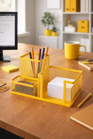 Need Nd-1034 Metal Mesh Masaüstü Organizer 3 Bölmeli, Çok Amaçlı Düzenleyici Sarı
