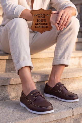 Liarca Marin Boat Shoe, %100 Hakiki Deri Kahverengi Kauçuk Sararmaz Taban Erkek Boat Shoe Mokasen Laofe... Kahverengi - Beyaz