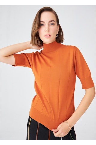 Peraluna Balıkçı Yaka Kısa Kollu İnce Basic Kadın Triko Bluz-Turuncu