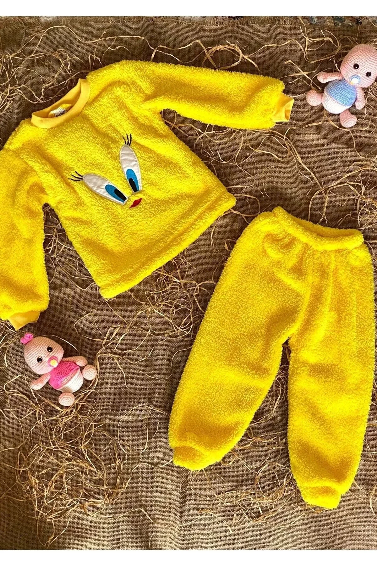Sarı Civciv Nakışlı Welsoft Peluş Pijama Takımı Sarı