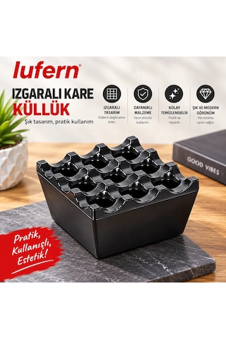 Izgaralı Kare Küllük Bakalit Plastik Siyah Ev İş Yeri Kafe Restoran Kül İzmarit Bahçe Açık Alan