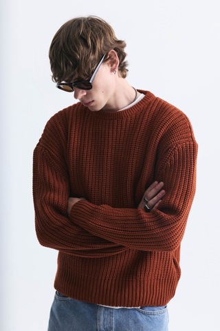Vamos Oversize Basic Triko Kazak Kiremit