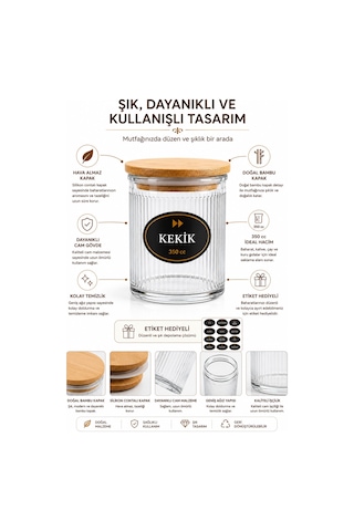 12'li Stantlı Çizgili Cam Baharatlık Seti - Etiketli Ahşap Kapaklı Organizer Baharat Saklama Kabı Çerezlik 350 Ml Şeffaf