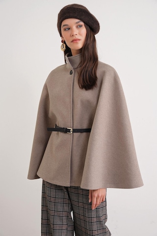 4768 Kadın Kemerli Panço Premium Kaşe Ceket Vizon VIZON