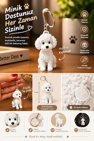 Köpek Figürlü Anahtarlık Sevimli Köpek Tasarımlı Çanta Ve Araba Anahtarlığı Beyaz 3D Baskı