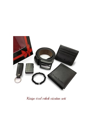 Ayleen Ayz Kişiye Özel Erkek Cüzdan Kartlık Çakmak Kemer Set Siyah