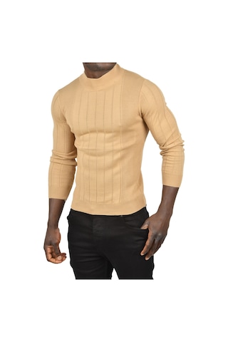 Deepsea Erkek Camel Yarım Balıkçı Yaka Çizgili Tüylenmeyen Slim Fit Triko Kazak 2505491 Camel