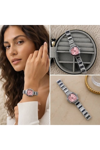 Premium Parlak Ve Şık Pembe Kadranlı Gümüş Renk Kadın Saat