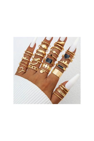 Miel Gold - 25/27 Parça Siyah Taşlı Figürlü Şık Tasarım Vintage Çoklu Gold Altın Yüzük Seti
