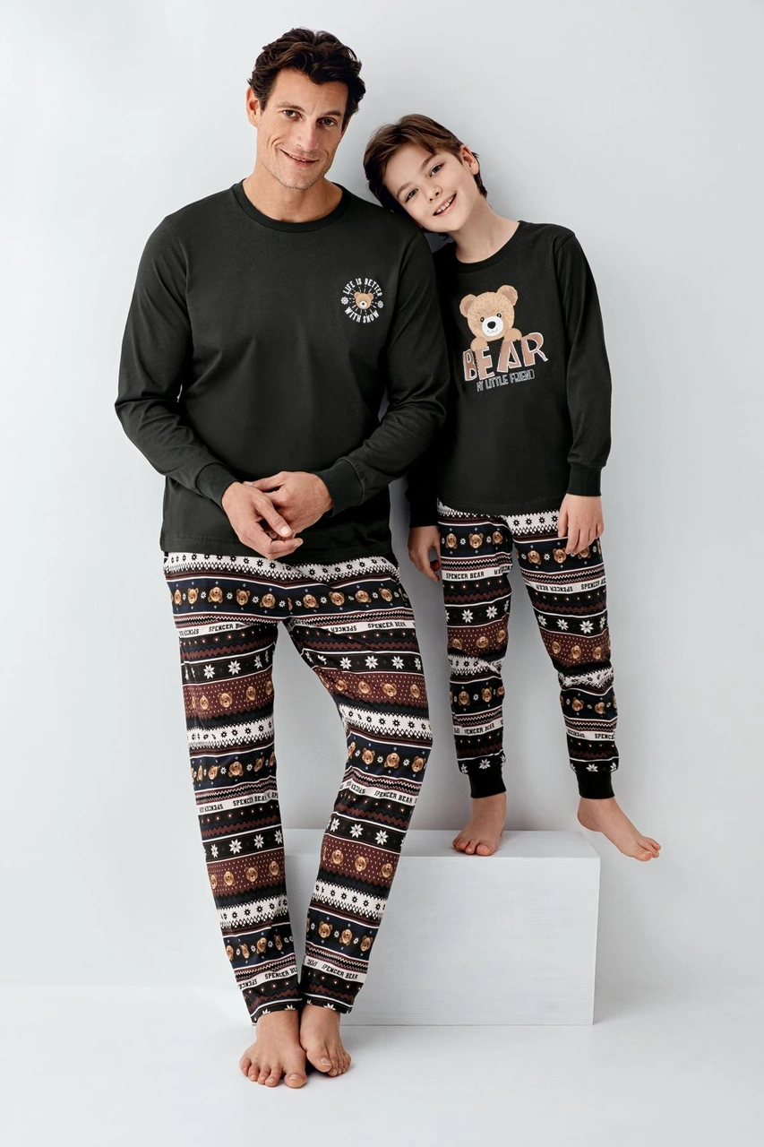 Arnetta Erkek Çocuk Aile Bear My Little Friend %100 Pamuklu 4 Mevsim Uzun Kollu Pijama Takım Füme