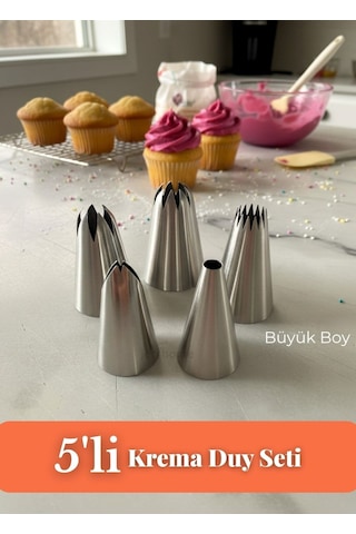Büyük Boy 5 Li Krema Duy Seti Paslanmaz Çelik Pasta, Cupcake Ve Tatlı Süsleme Uçları Set-1 Metalik Gri