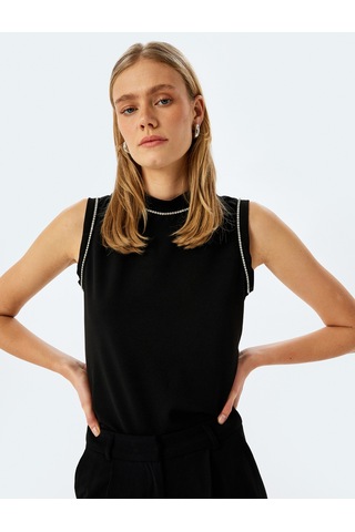 Koton Slim Fit Bisiklet Yaka Taşlı Kolsuz Tişört Siyah 5sak10005uk Siyah