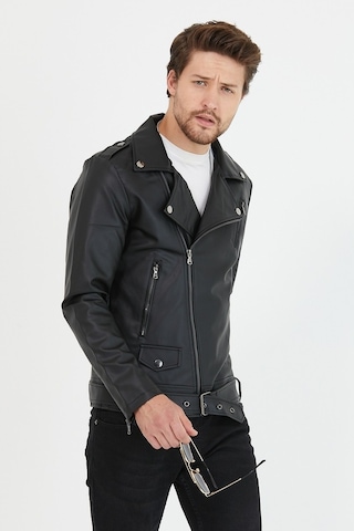 Erkek Siyah Yeni Sezon Çapraz Fermuarlı Kemerli Deri Ceket Mont-Siyah