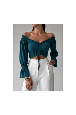 Angbutik Kadın El Emeği Kayık Yaka Büzgülü/fırfırlı Kol Crop Bluz ZÜMRÜT