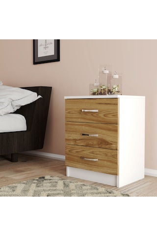 Moxen Mobilya Beyaz-Ceviz 3 Çekmeceli Komodin KMD3002