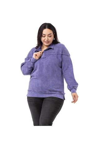 Büyük Beden Pis Dikişli Fermuarlı Yırtmaçlı Parça Boyalı Mor Sweatshirt-mor Mor