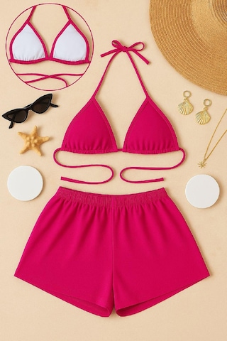 Modi Kadın Fuşya Şortlu Belden Ve Boyundan Bağlamalı Bikini Takımı Pembe