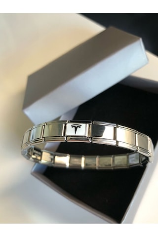 Erkek Kadın Çelik Bileklik - Tesla Logo Model Italy Nomi Charm Sevgiliye Eşe Babaya Gümüş