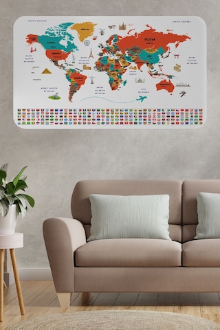 Türkçe Ülke Bayrak Lı Eğitici Başkent Detaylı Atlası Dünya Haritası Duvar Sticker -60x105-3858 Çok Renkli