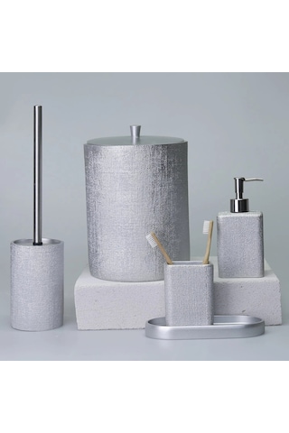 By Selim Linen Gümüş 5 Parça Polyester Banyo Seti Gümüş
