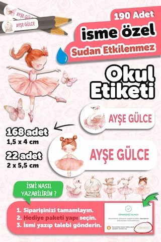 Okul Etiketi Kalem Defter İsimli Etiket Isim Yazılabilen Balerin - 190 Adet Özel Tasarım Okul Etiket Çok Renkli