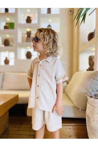 Kolları Nakışlı Gömlek Şort Keten Erkek Çocuk Takım Naturel