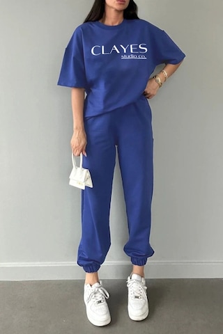 Studio Co Baskılı Saks Mavi T-shirt Eşofman Altı Takım - Oversize Bisiklet Yaka Saks Mavi