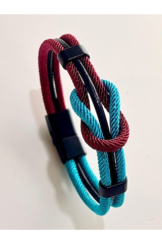 Çift Renkli El Yapımı Taraftar Bilekliği Makrome-%100 Deri Kombin Unisex Bileklik Net 21 Cm Bordo - Mavi