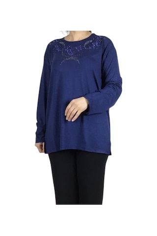 Kadın Yakası Taşlı Likralı Büyük Beden Bluz Arpbattal1 Mavi