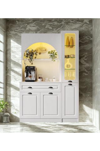 Lureo Nera Arch Gold Sağ Vitrinli Kahve Köşesi Led Aydınlatmalı Komple Mdf Premium Kahve Ünitesi Beyaz