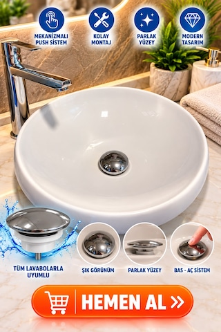 Lavabo Gider Süzgeci Bas Aç Pop-up Sistem Taşma Yüzüklü Dayanıklı Tasarım Gri