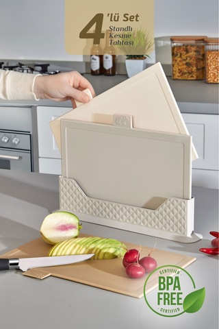 4'lü Tezgah Üstü Yatay Standlı Kesme Tahtası - Çoklu Doğrama Tahtası Ekmek Sebze Et Kesim Panosu Bej