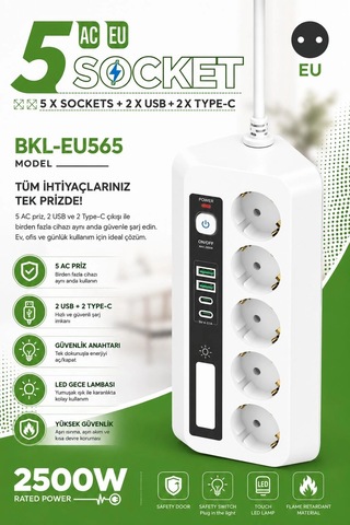 5 Li Akım Korumalı Priz 2500w 2 Usb + 2 Type-c Hızlı Şarj Led Gece Lambalı Dokunmatik Beyaz 0