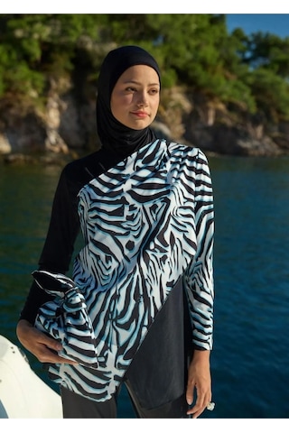 Mayovera Zebra Tek Mayo Üst Tasarım Tesettür Mayo Siyah
