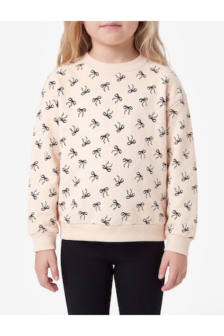 Koton Pamuklu Uzun Kollu Bisiklet Yaka Baskılı Şardonlu Fiyonklu Sweatshirt Bej Desenli 7wmg10029ak Ekru