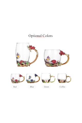 Moveevo Lüks Emaye Çiçek Desenli Çay Bardağı Seti - 350ml Kapasiteli, Isıya Dayanıklı Cam Bardak + Kaşık + Temizlik Bezi Mavi